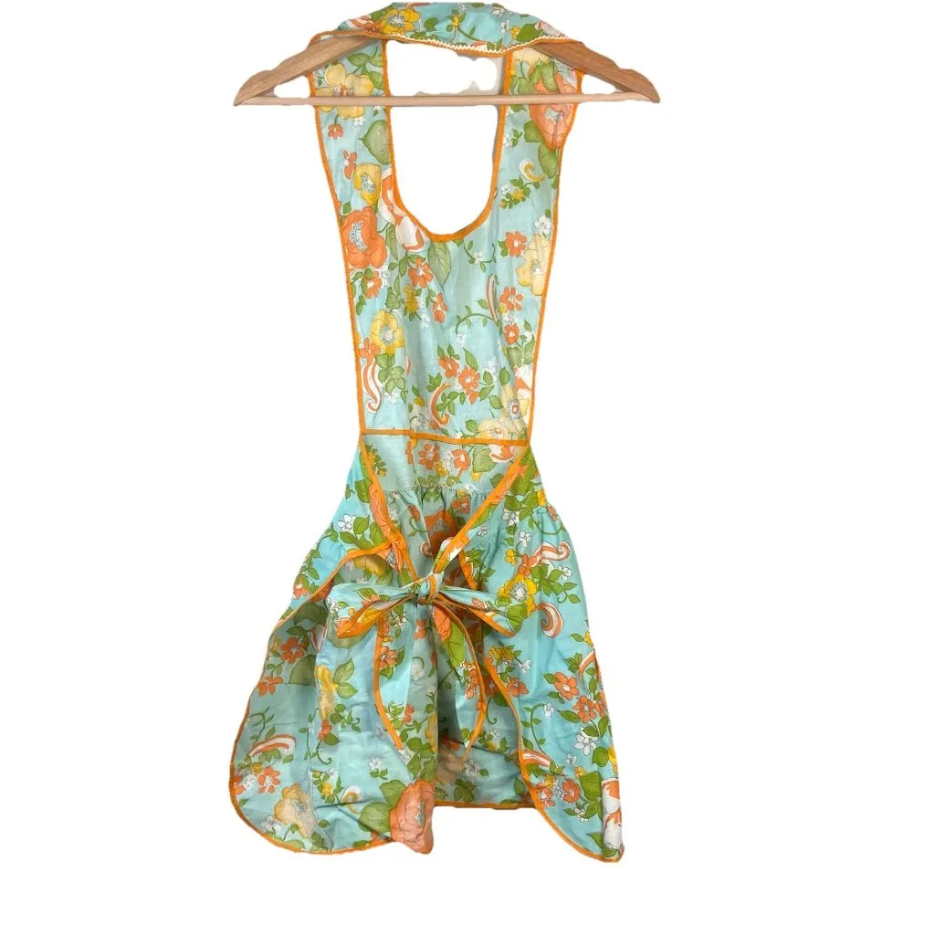 Vtg Fruit Of The‎ Loom Bib Floral Apron Rick Rack Pockets NWT Retro Teal Orange - Image 5