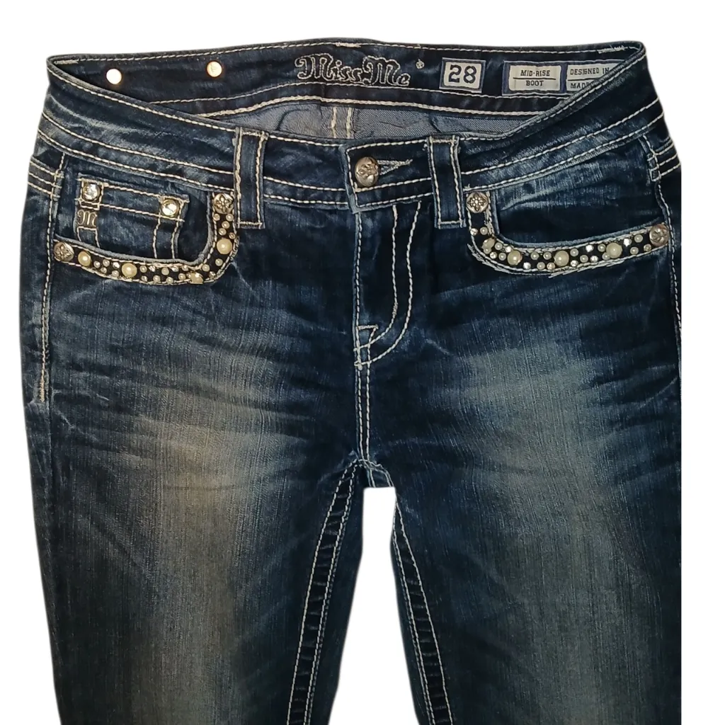 Miss Me  Y2K style pearl and rhinestone studded midrise bootcut jeans size 28 - Image 3