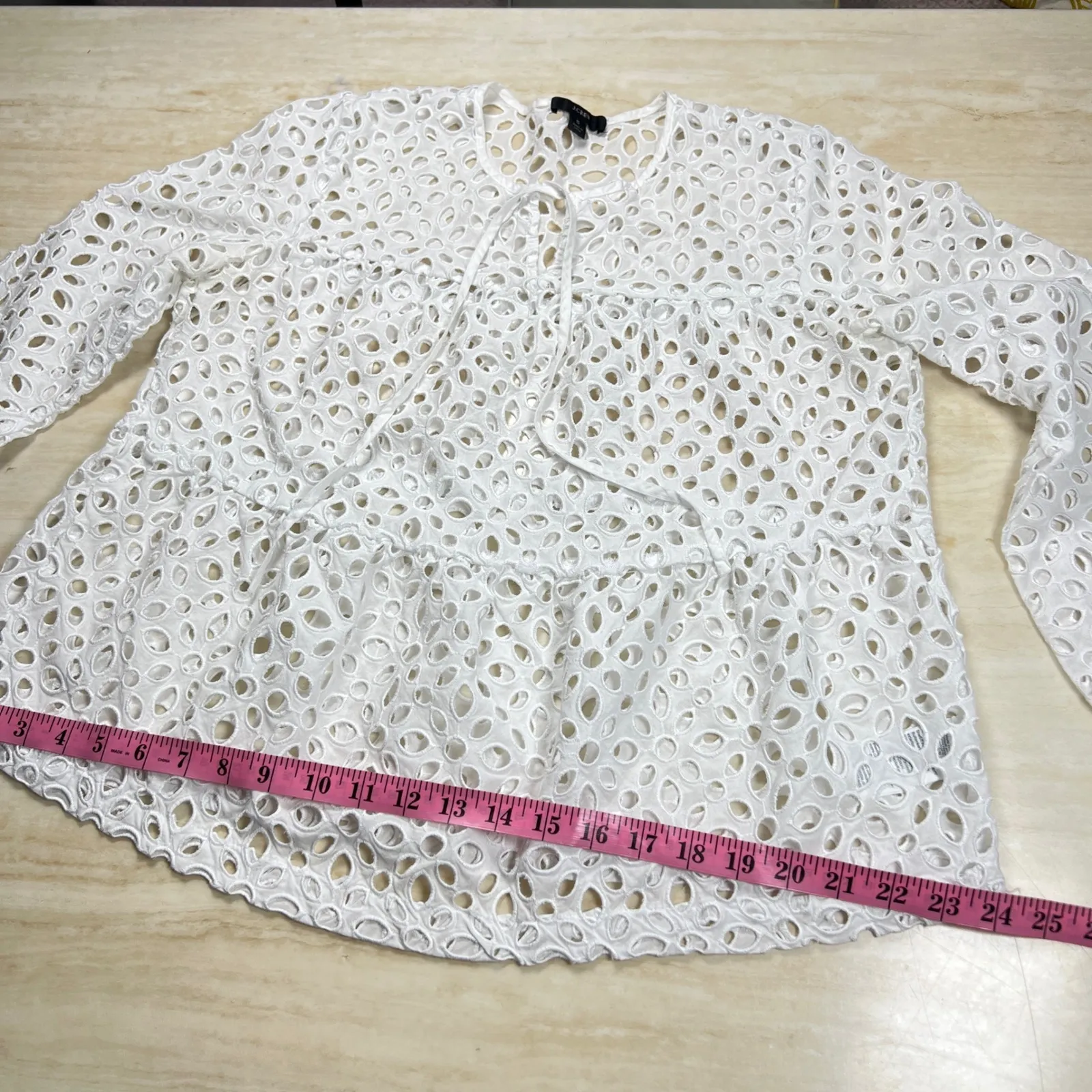J. Crew White Eyelet Lace Tie Neck Long Sleeve Peplum Blouse Top Size S - Image 9