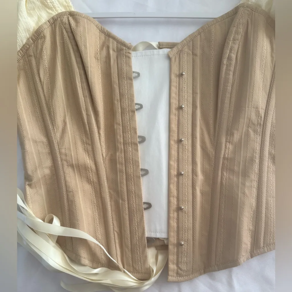 Tan & Cream Boned Corset Top Women’s Size 32 Lace Up Off Shoulder Puff Sleeves - Image 3