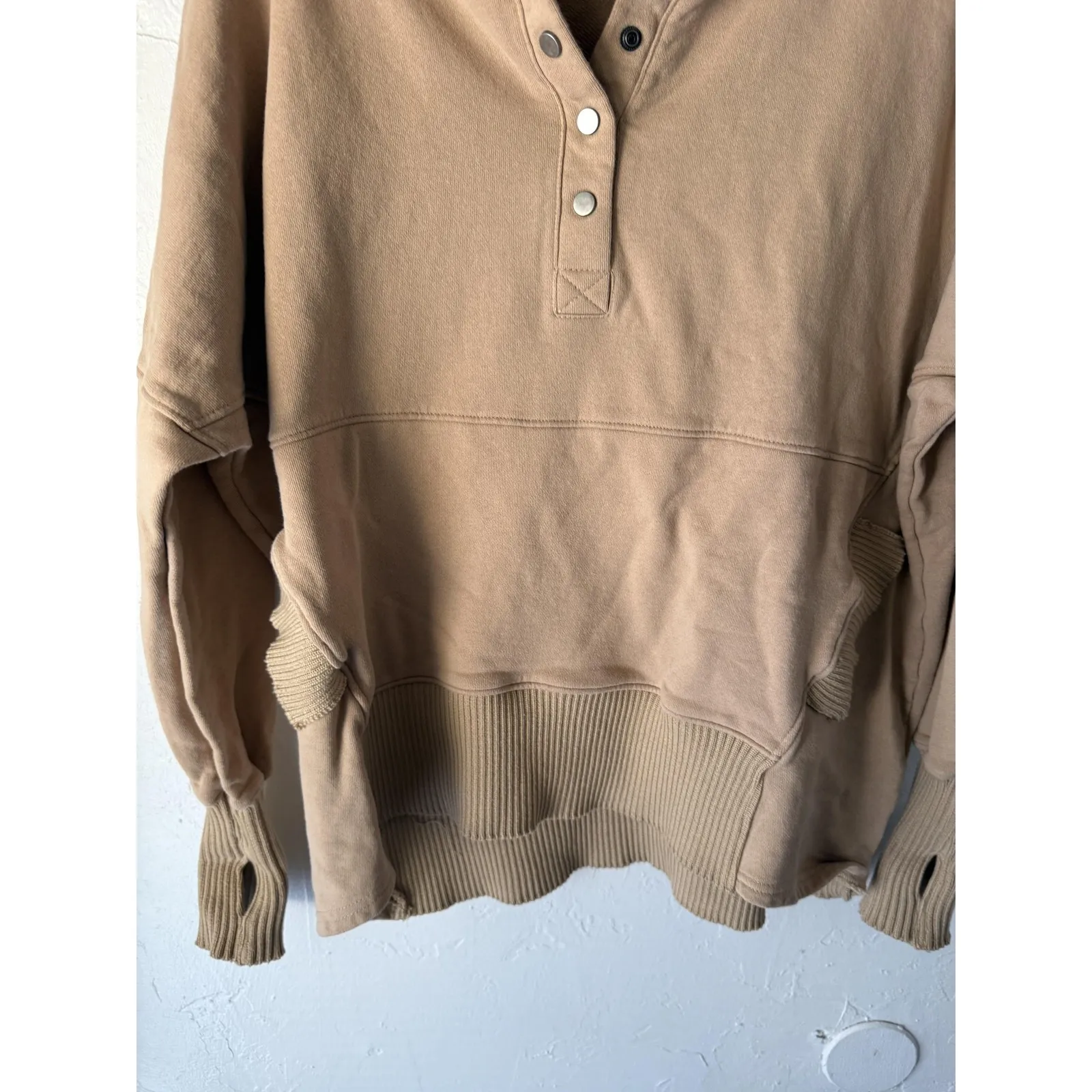Bucket List Hoodie Womens Small Tan Pullover Snap Neck Ribbed Hem Thumbholes - Image 3