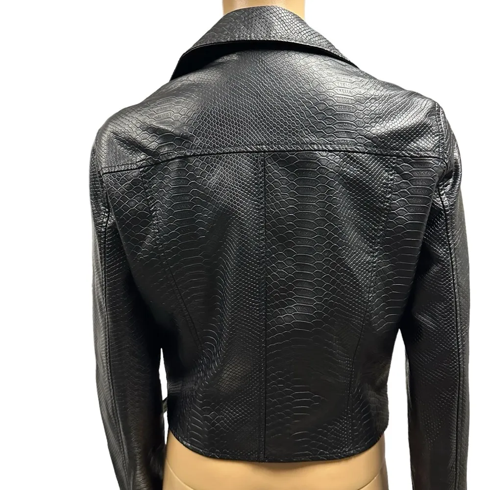 Copperose Crocodile Embossed Black Faux Leather Moto Zip Up Jacket Womens Medium - Image 3