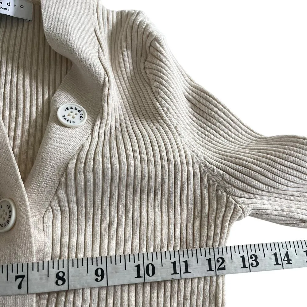 Sandro Cream Wool Blend Ribbed Knit Logo Button Front Cardigan Sweater Size 2 - Image 11