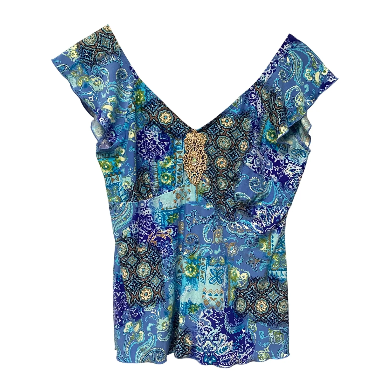 Delicates Blue Paisley Boho Top Vintage Y2K Babydoll Style V Neck Size M - Image 2