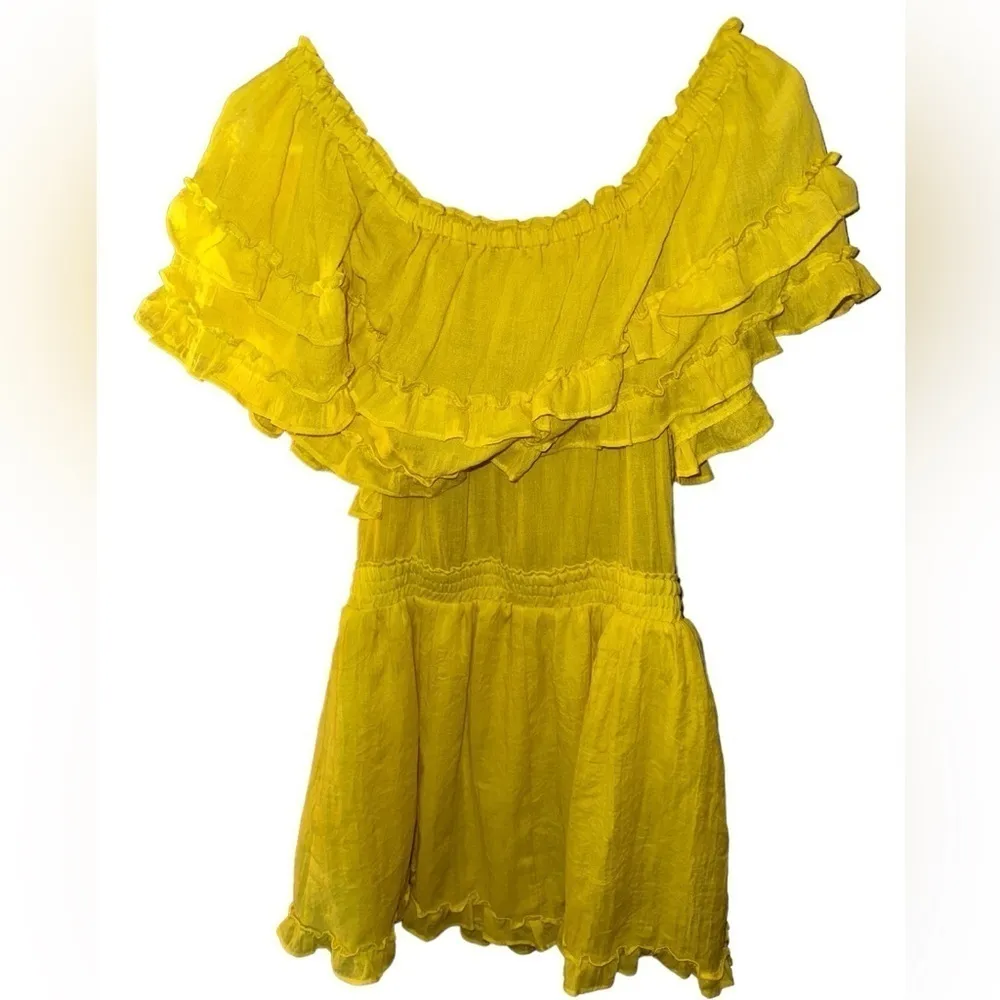 FAVLUX Yellow Off the Shoulder Smocked Yellow Ruffle Mini Dress - Image 3