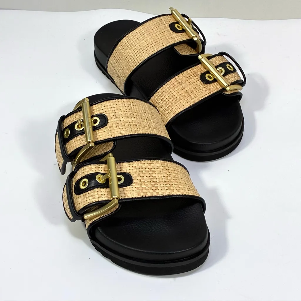 All Saints Sian Raffia Sandals Woven Big Buckle Natural Black 8.5 NEW - Image 13