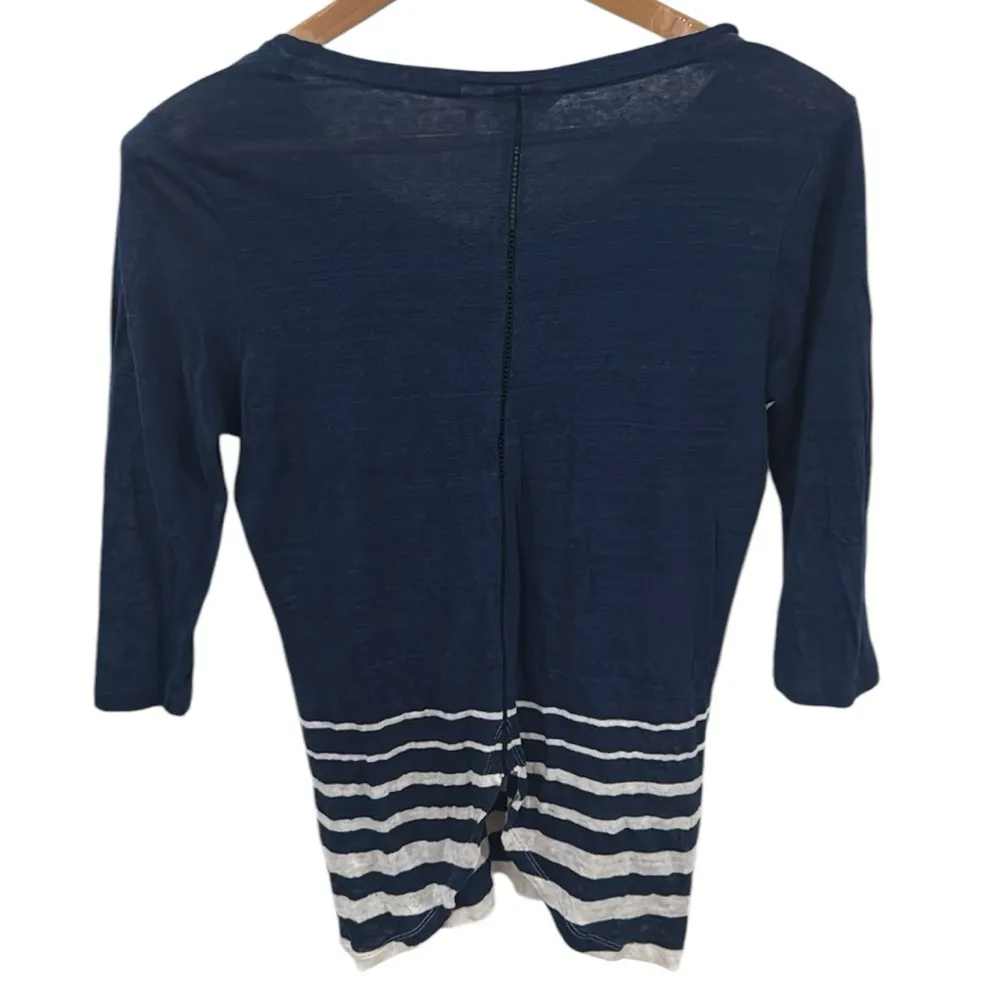 Fat Face UK 3/4 Sleeve Navy and White Striped CrewNeck Top linen cotton Size 12 - Image 2