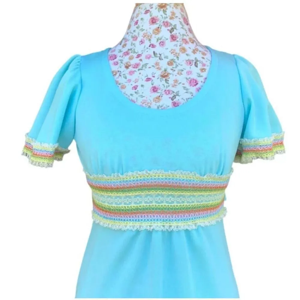 Allegro NY Vintage 70's Dress Light Sky Blue Empire Waist Maxi Crochet Detail Si - Image 3