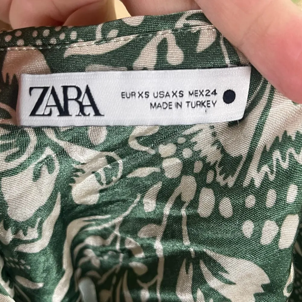 Zara Women's Green And White Floral Satin Slip Dress Size XS - Image 6