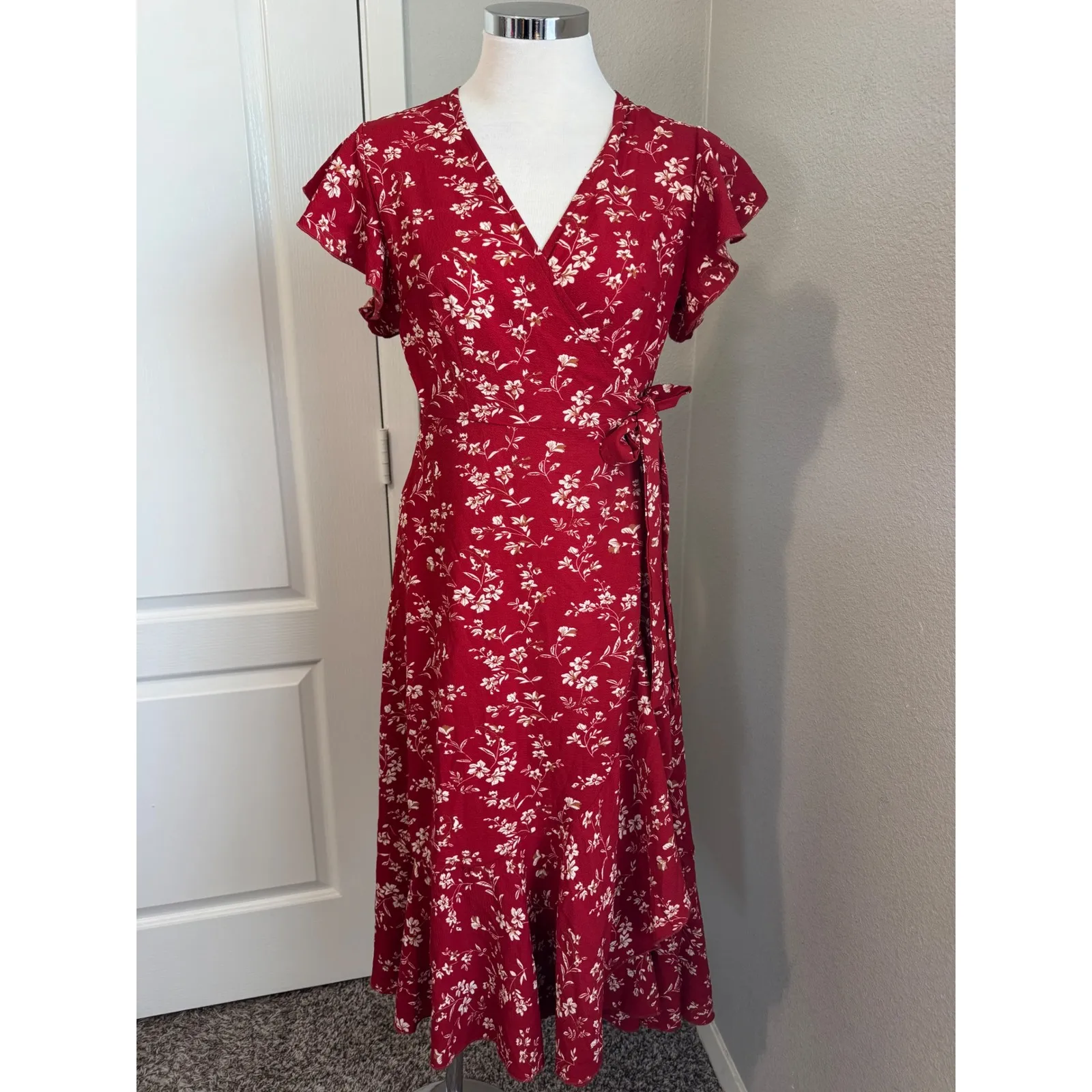 Shein‎ Floral Wrap Dress Ruffle Sleeve Midi Dress Red XS - Image 6