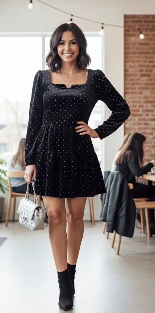 J.ING Jing Black Velvet with Dots Mini Long Sleeve Dress Size L NWT Size L - Image 1