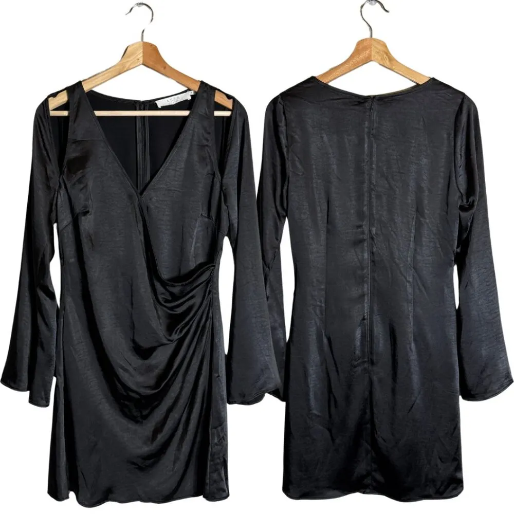 ASTR the Label Long Sleeve Cutout Faux Wrap Mini Dress Womens Medium Black Satin - Image 3