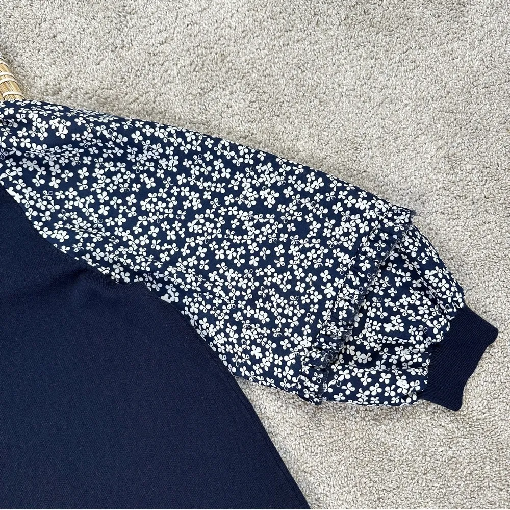 Adrianna Papell Sweater Blouse 3/4 Balloon Sleeve Floral Ruffle Neck in Navy S - Image 4