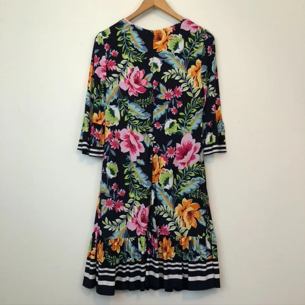 NEW NWT ELIZA J Navy Blue Pink Orange Floral Jersey Stretch Ruffle Shift Dress 8 - Image 8