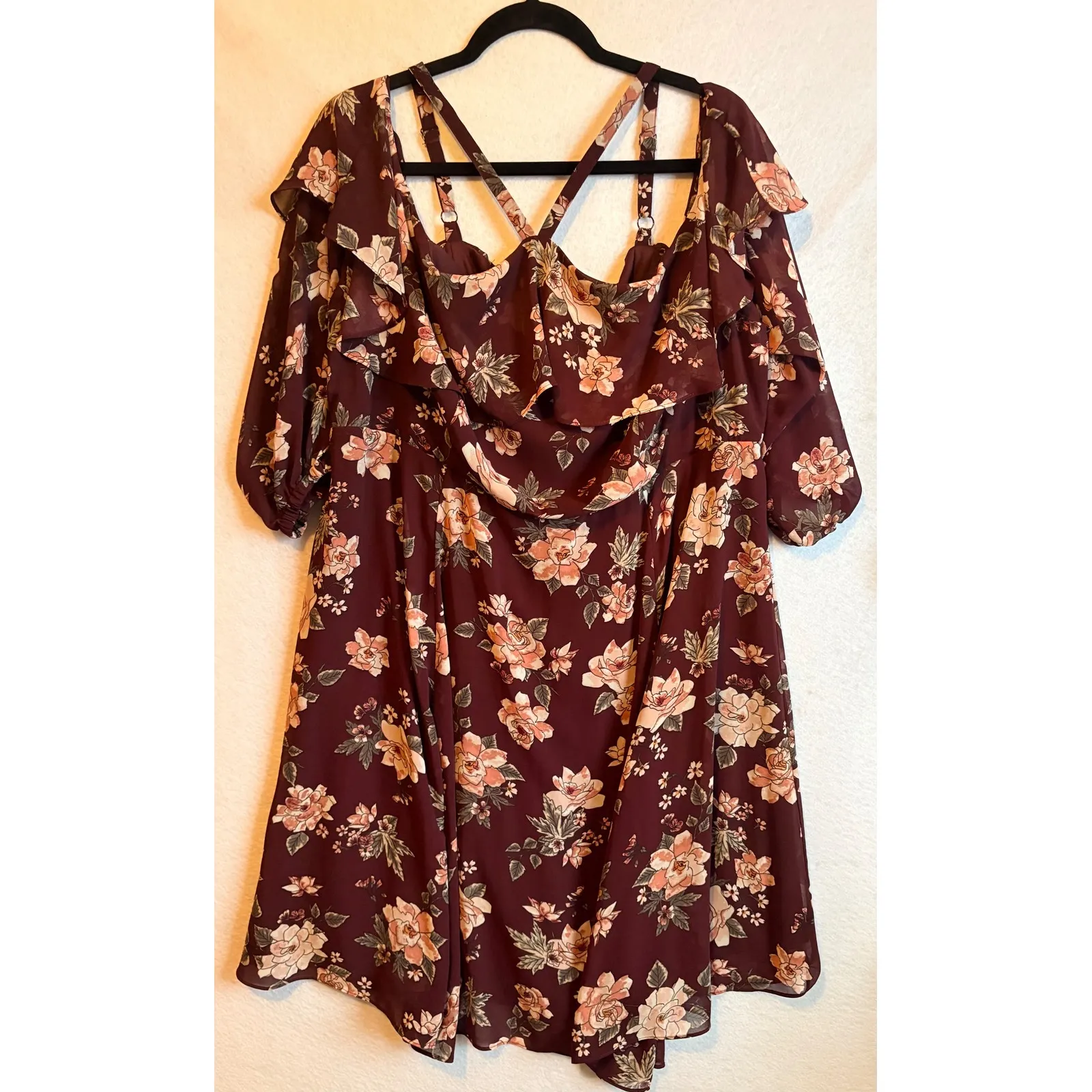 Torrid Burgundy Floral Cold Shoulder Ruffle Chiffon Skater Dress Plus Size 20 - Image 3