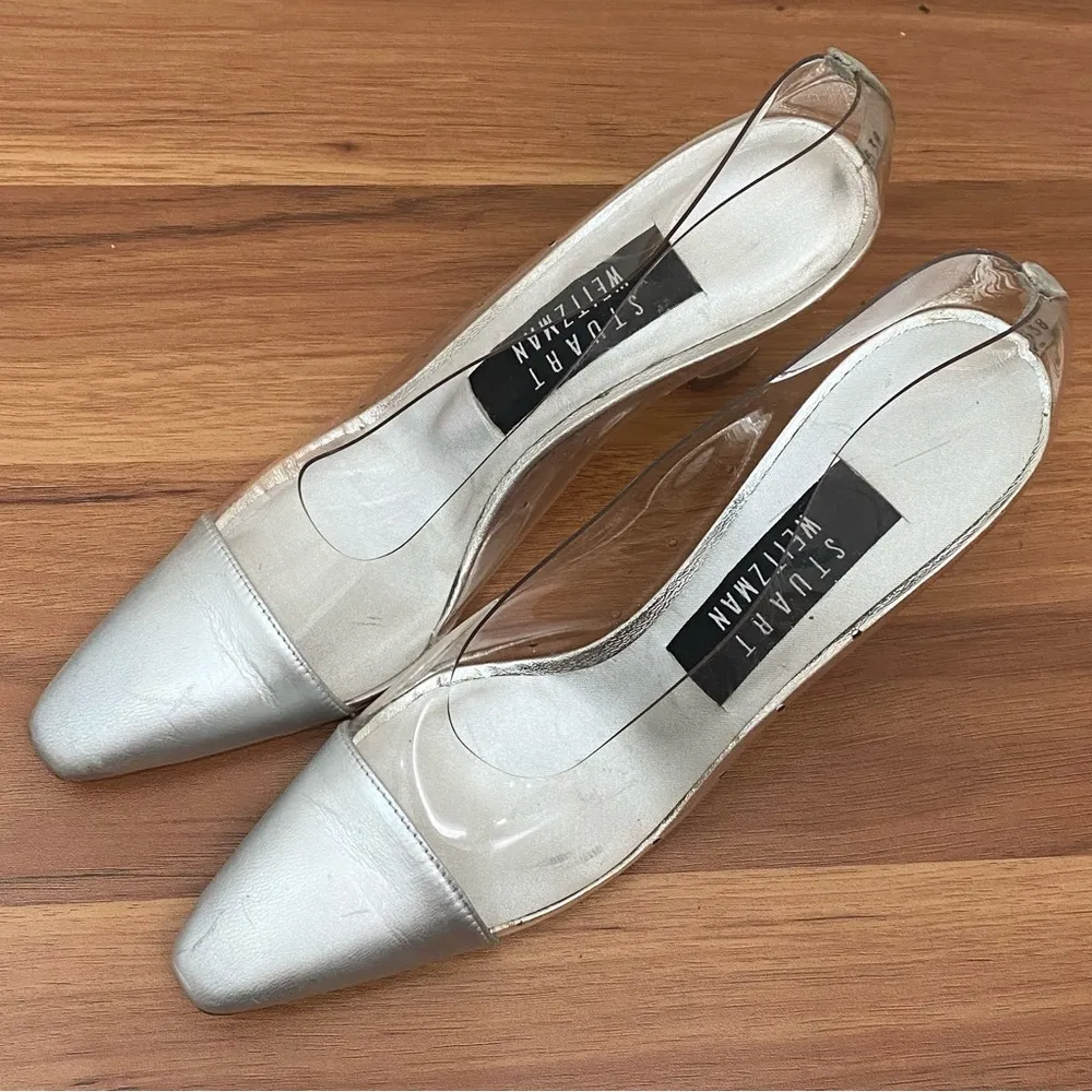 Vintage STUART WEITZMAN Clear Vinyl Silver Captoe Pumps Heels Size 6 Narrow - Image 5