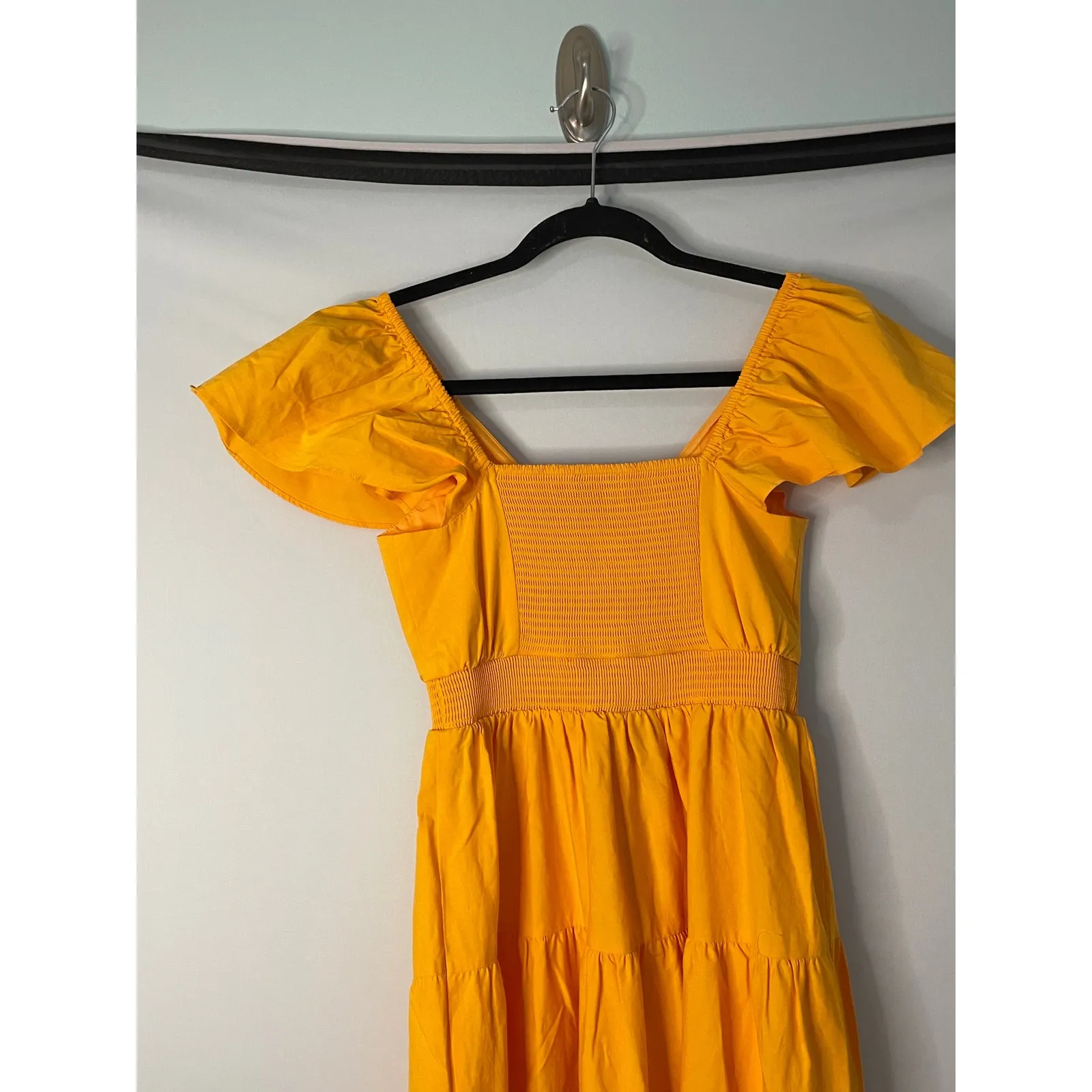 EXPRESS Maxi Dress Puff Sleeve Smocked Waist Tiered Skirt Yellow Orange XS - Image 8