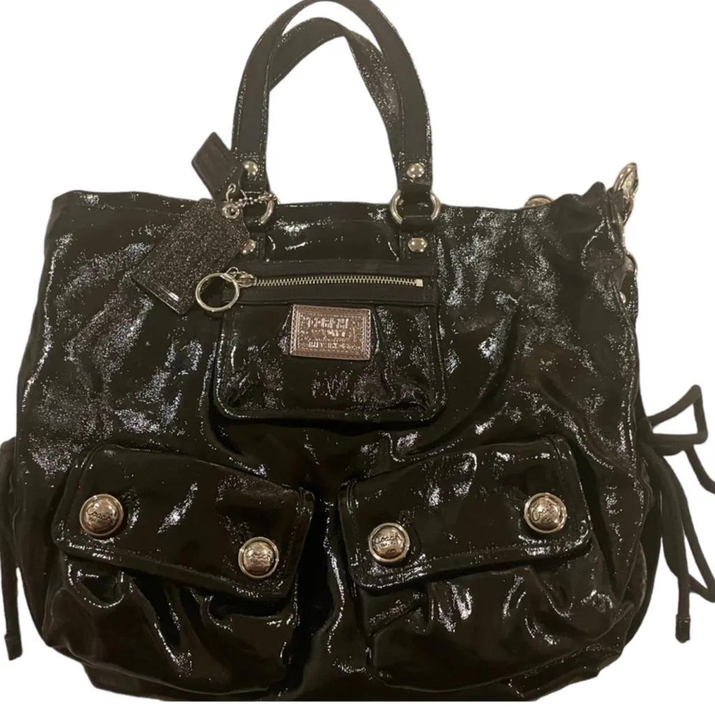 AUTH COACH POPPY GLOSSY CRINKLE PATENT LEATHER SATCHEL BAG PURSE 13869 BLACK - Image 3