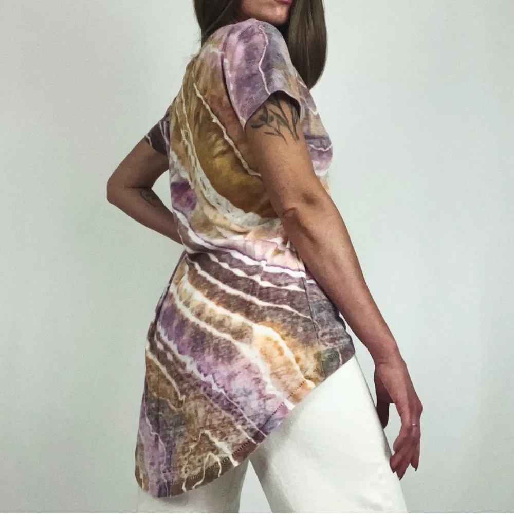 High-Low V-Neck Burn-out Woven Short Sleeve Tee | Size S - Image 3