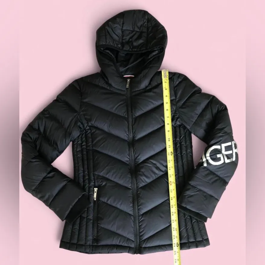 TOMMY HILFIGER Black Puffer Jacket Womens S Quilted Hooded Packable Winter. - Image 7