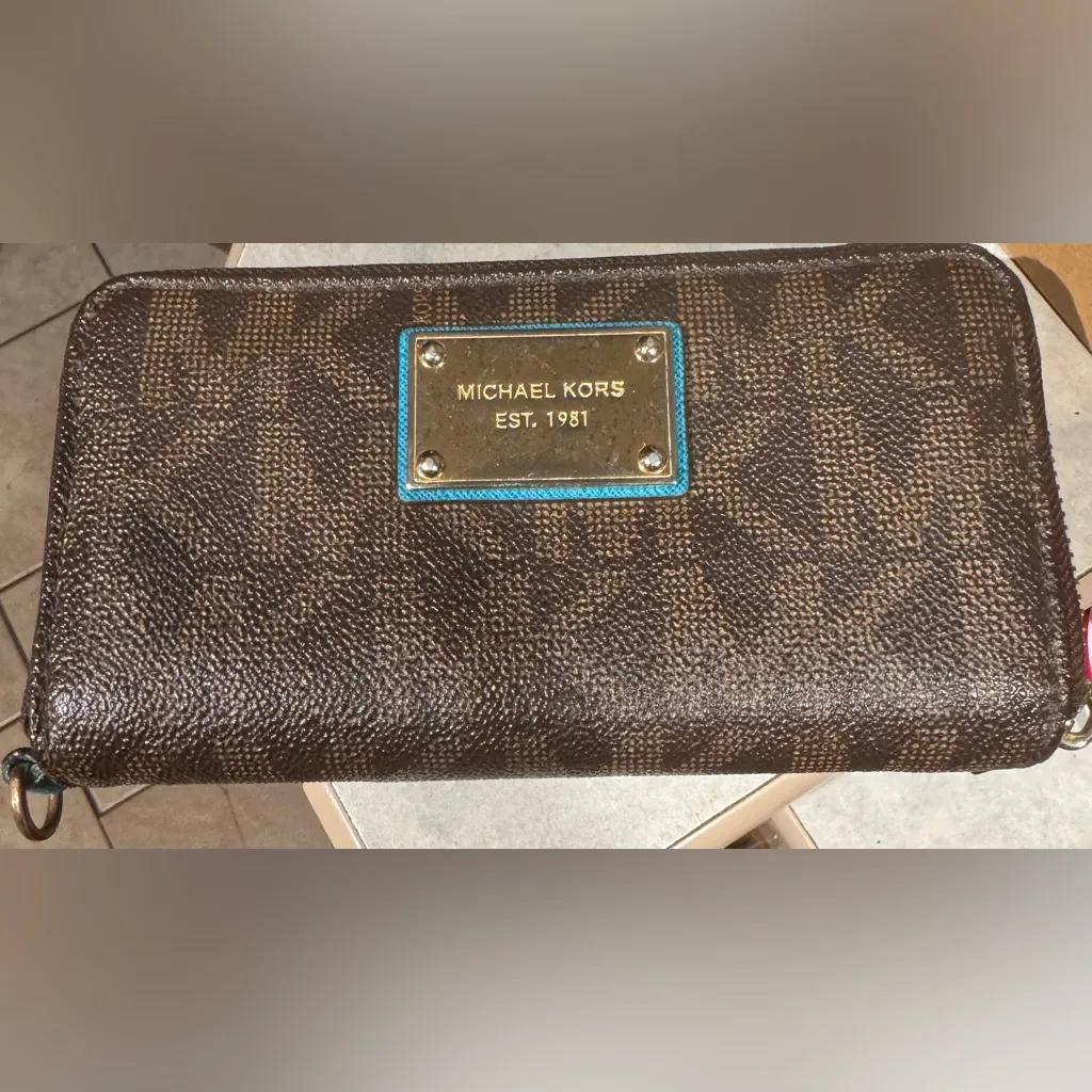 Michael Kors Jet Set Item Signature PVC East West Tote Brown teal w/ Wallet Blue - Image 13