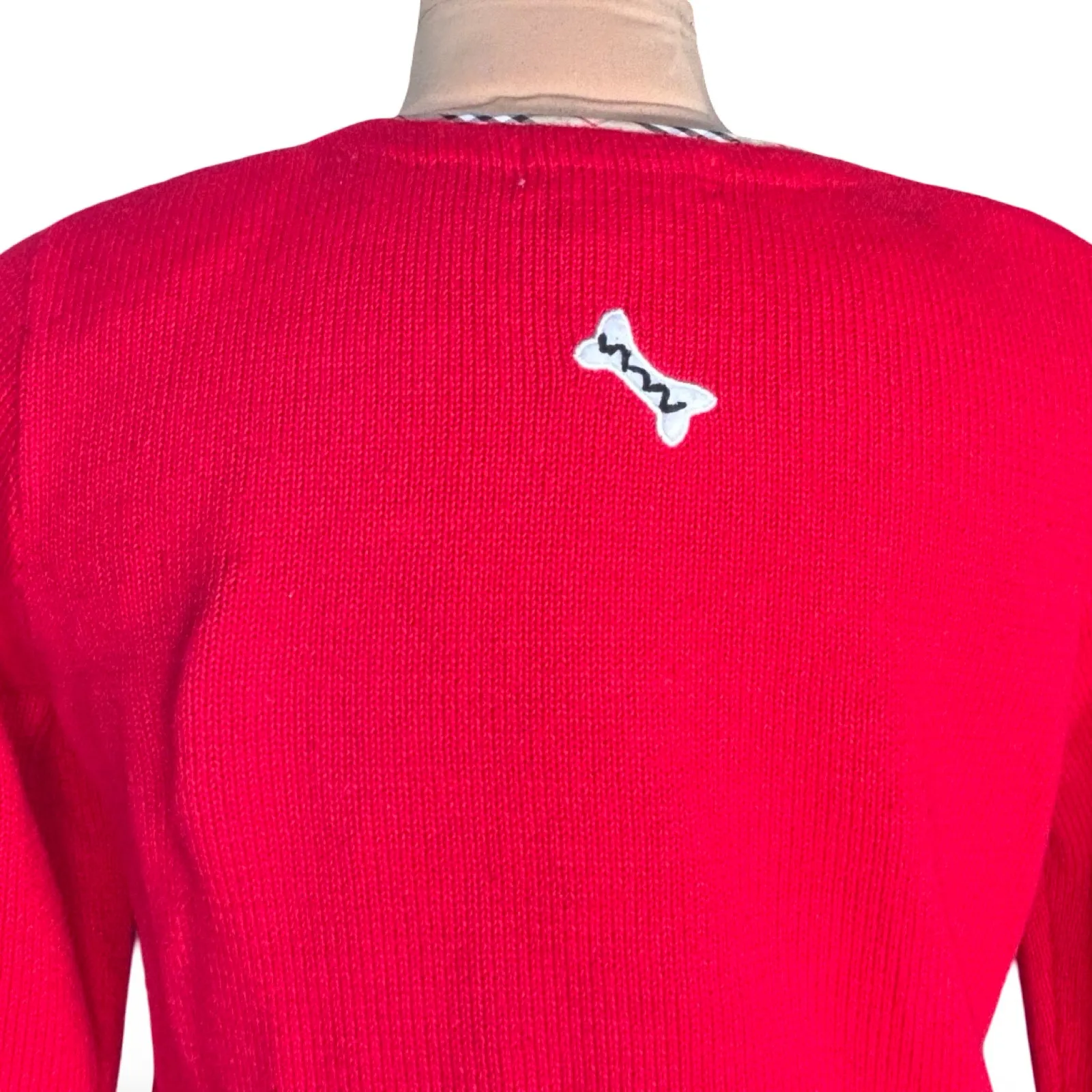 Vintage 90s Red Dog Knit Cardigan Button Front Scottie Appliqué Plaid Trim Small - Image 6