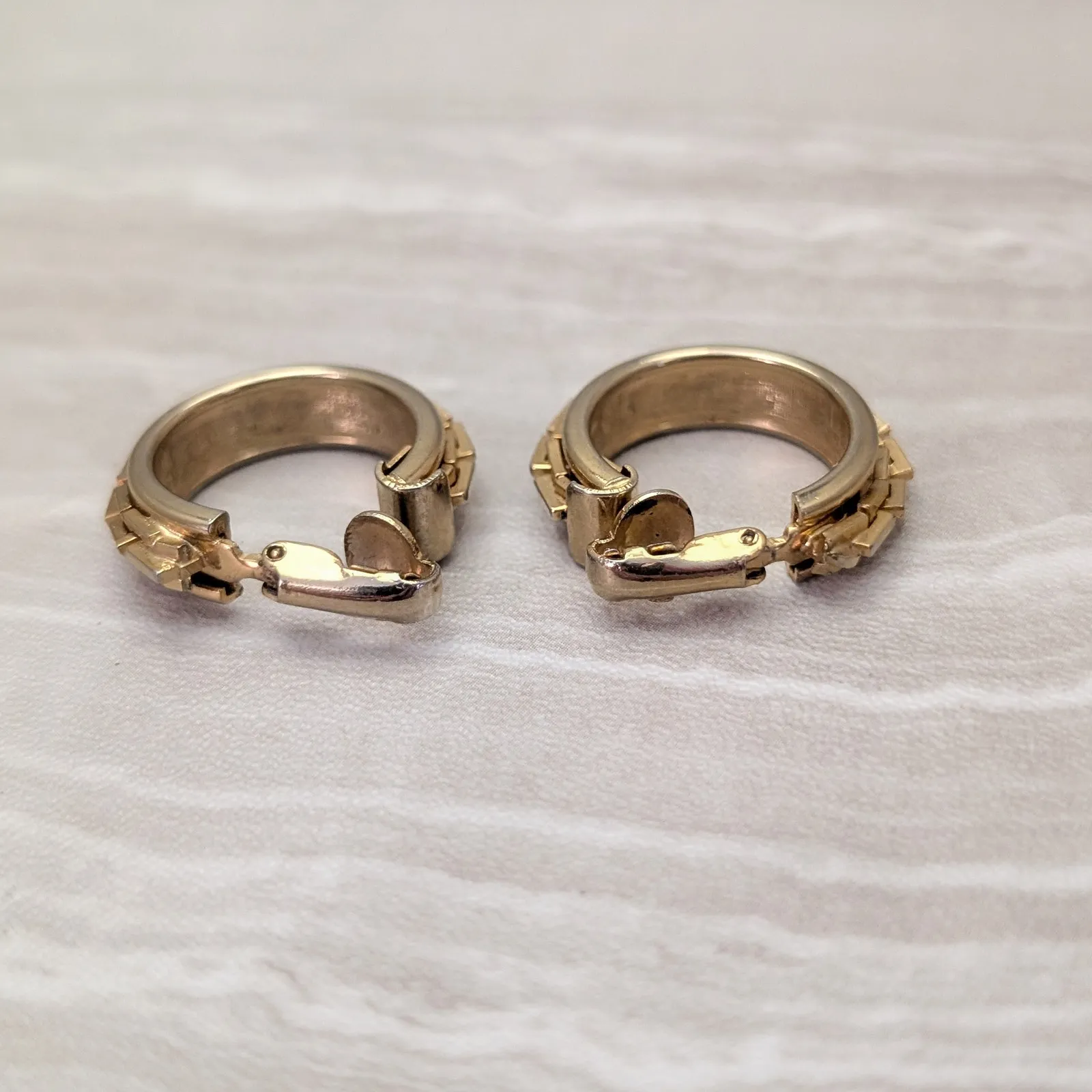 Vintage Clip On Earrings Gold Tone Large Hoops with Square Chain Like Design - Image 6