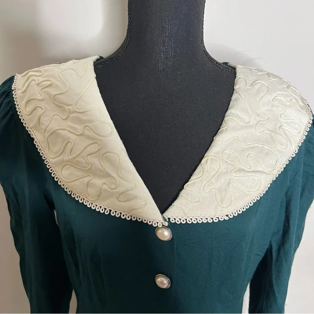 Vintage 80s/90s Caroline Wells Green Pearl Button Front Frill Collar Dress Sz 12 - Image 3