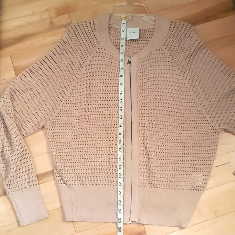 Varley Cameron Knit Zippered Cardigan Sweater Nude Taupe Open Knit Longsleeve - Image 15