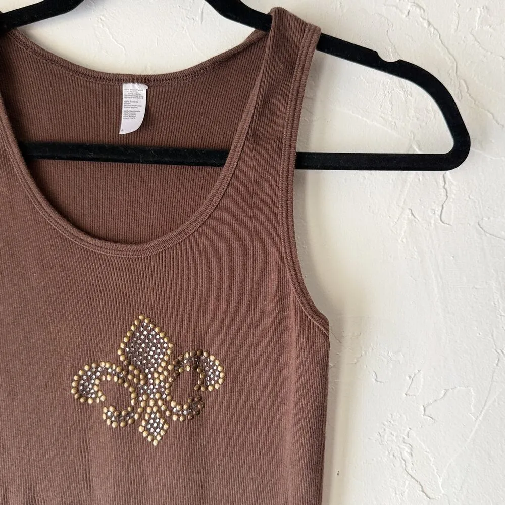 Y2k Brown Tank Top Womens Large Rhinestone Fleur De Lis Graphic Sleeveless Shirt - Image 2