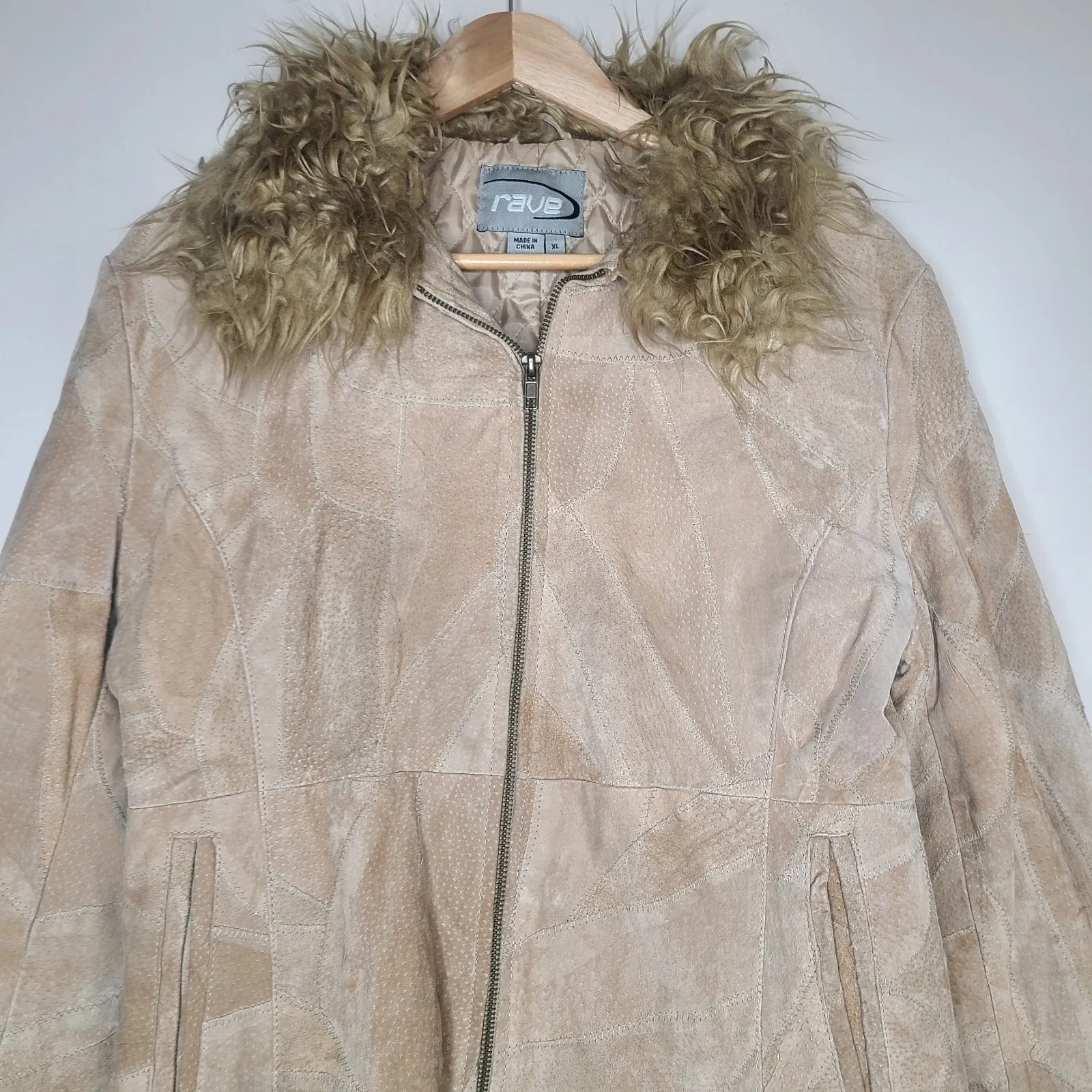 Vintage Rave Penny Lane Coat Women's Size XL Tan Suede Patchwork Faux Fur‎ Y2K - Image 2