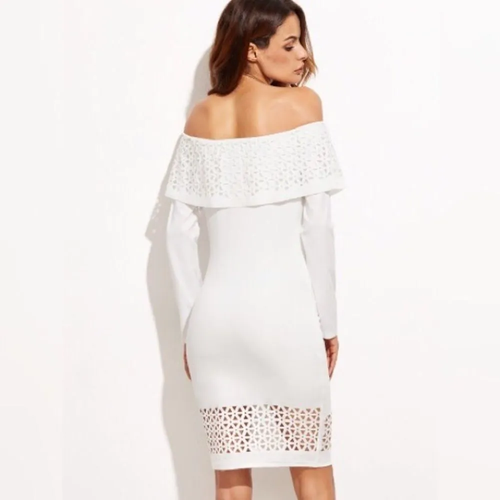 White Laser Cutout Off The Shoulder Ruffle Dress White Size XS - Image 2