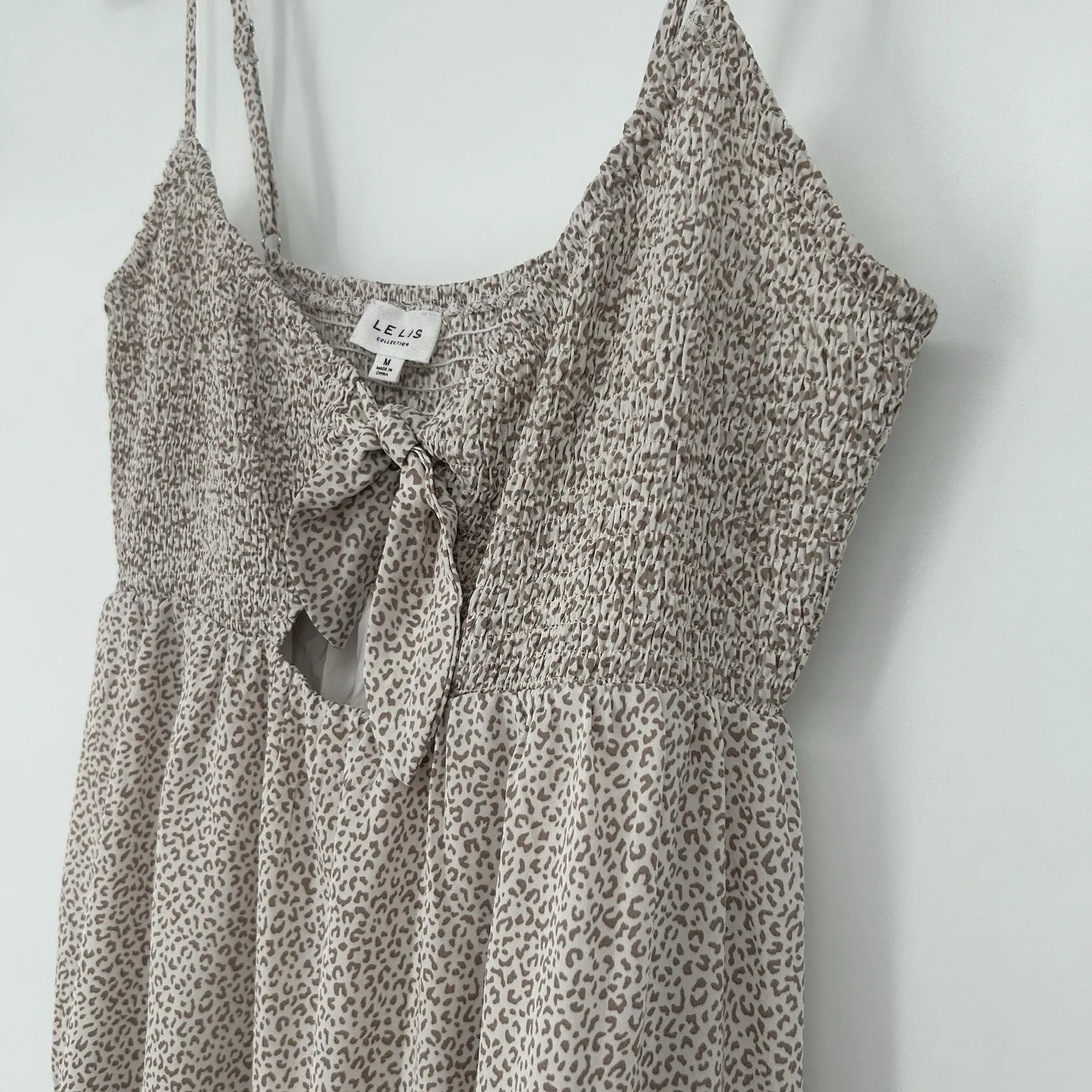 Le Lis Smocked Sundress White Brown Animal Print Tiered Tie Cut Out Size M - Image 4