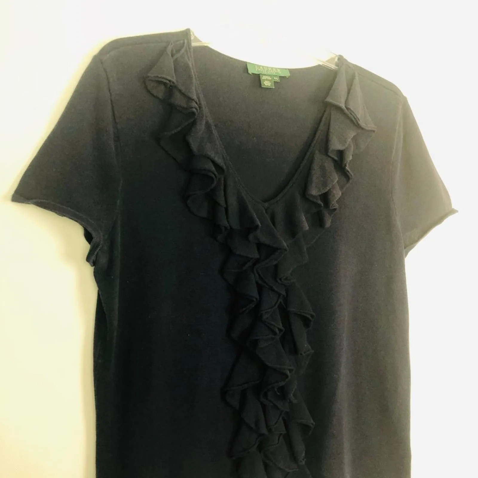 Lauren Ralph Lauren Ruffle Short Sleeve Blue Blouse/Sweater Size LP - Image 3