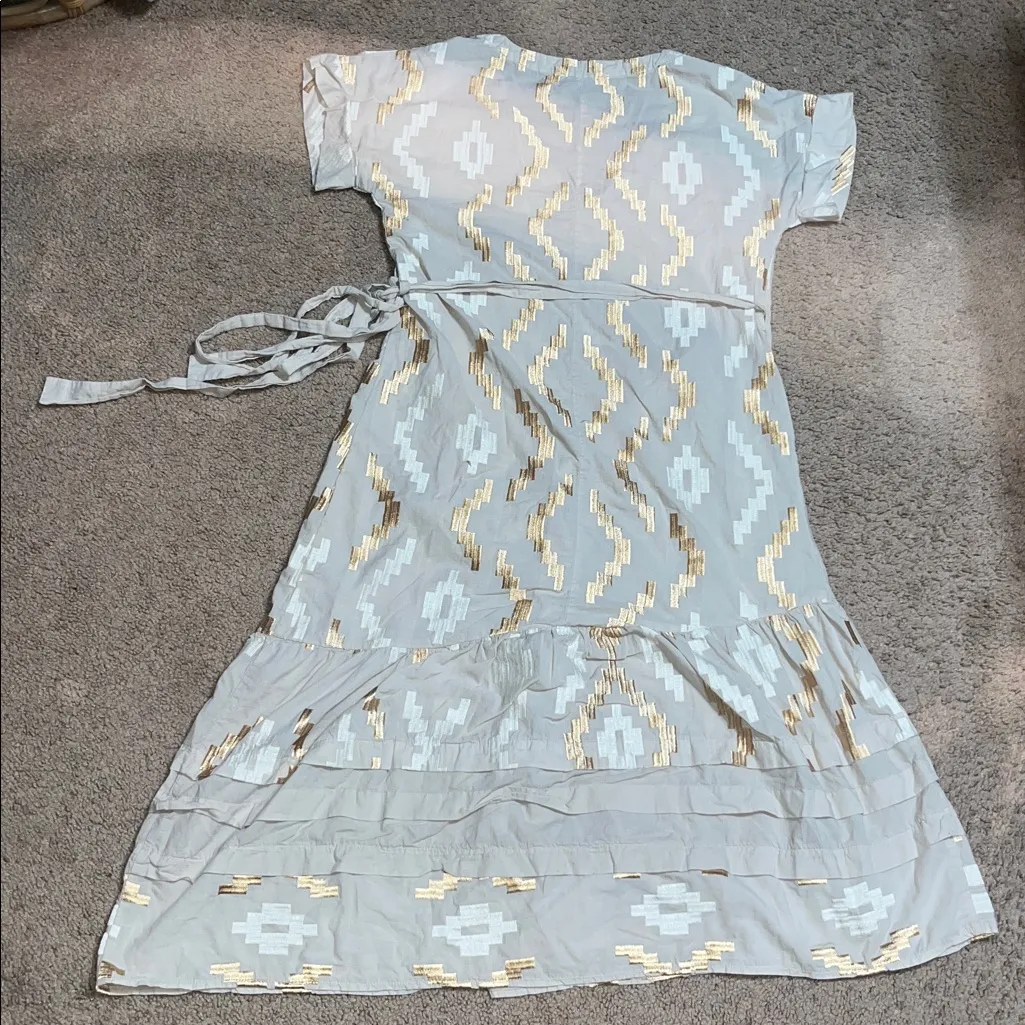 Greek Archaic Kori Geometric Metallic Embroidered Wrap Dress Midi Large Tan - Image 5