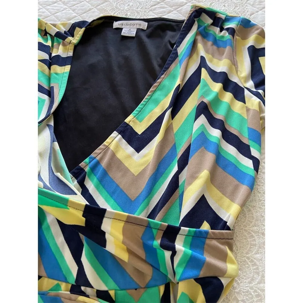 Liz Claiborne Faux Wrap Knee Length Dress Multicolor Chevron Print Size Medium - Image 5