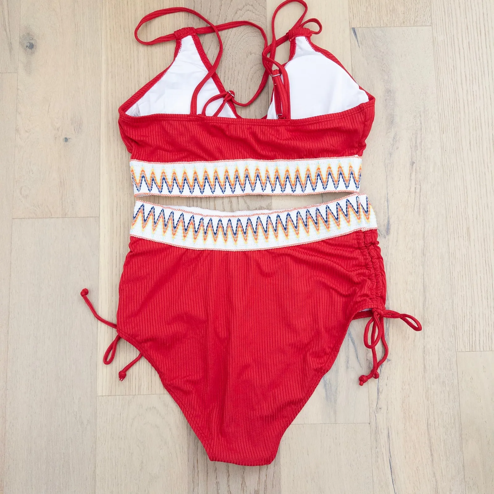 Womens Bikini Set Size L Red Knit High Waist Boho Chic Beach Swimwear Summer Size L - Image 3