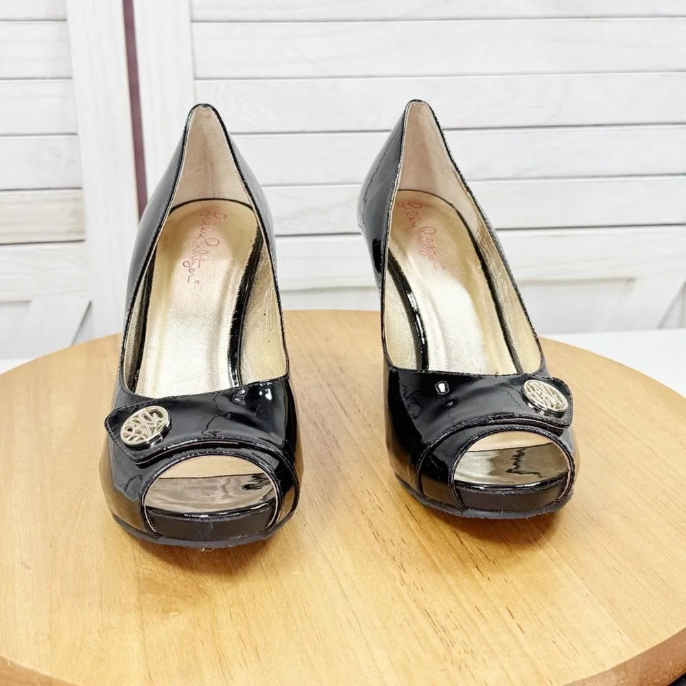 Lilly Pulitzer Patent Leather Peep Toe Wedge Heels Black 36.5‎ US 6 - Image 3