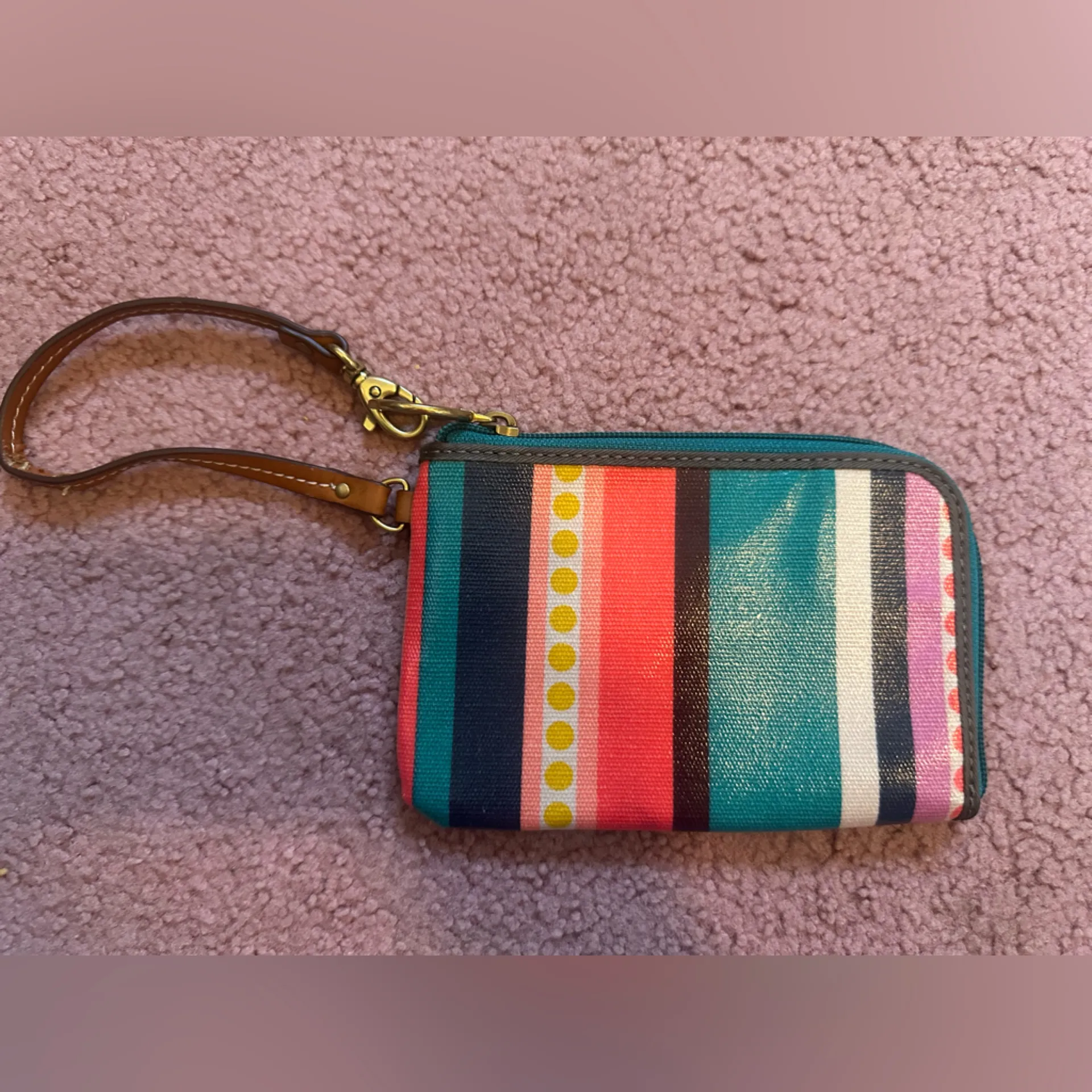 Fossil Wristlet Wallet Multicolor Design Coated Canvas Wear On Strap - Image 2