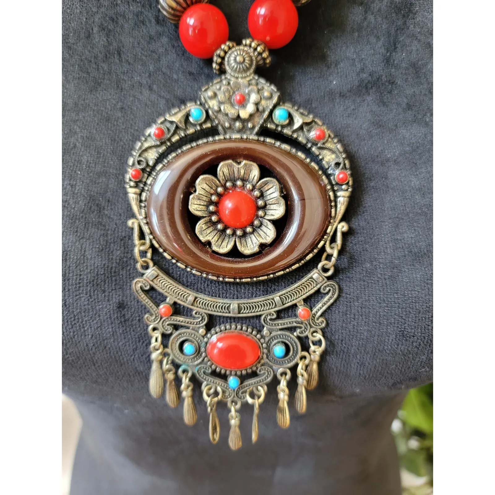 Women's Bohemian Antique Brass Statement Necklace With Lobster Clasp Red Beads - Image 3