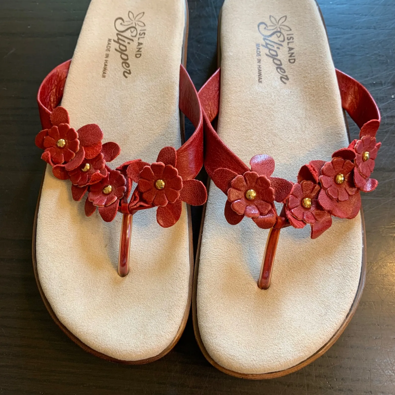 Island Slipper Hawaii Red Leather Flower Thong Sandals Size 10 Hawaiian‎ Casual - Image 2
