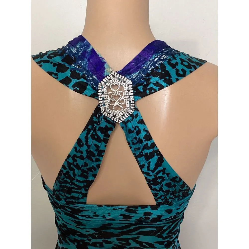 New. SKY 100% silk animal print dress with diamond belt. Normally $248 Blue Size XS - Image 8