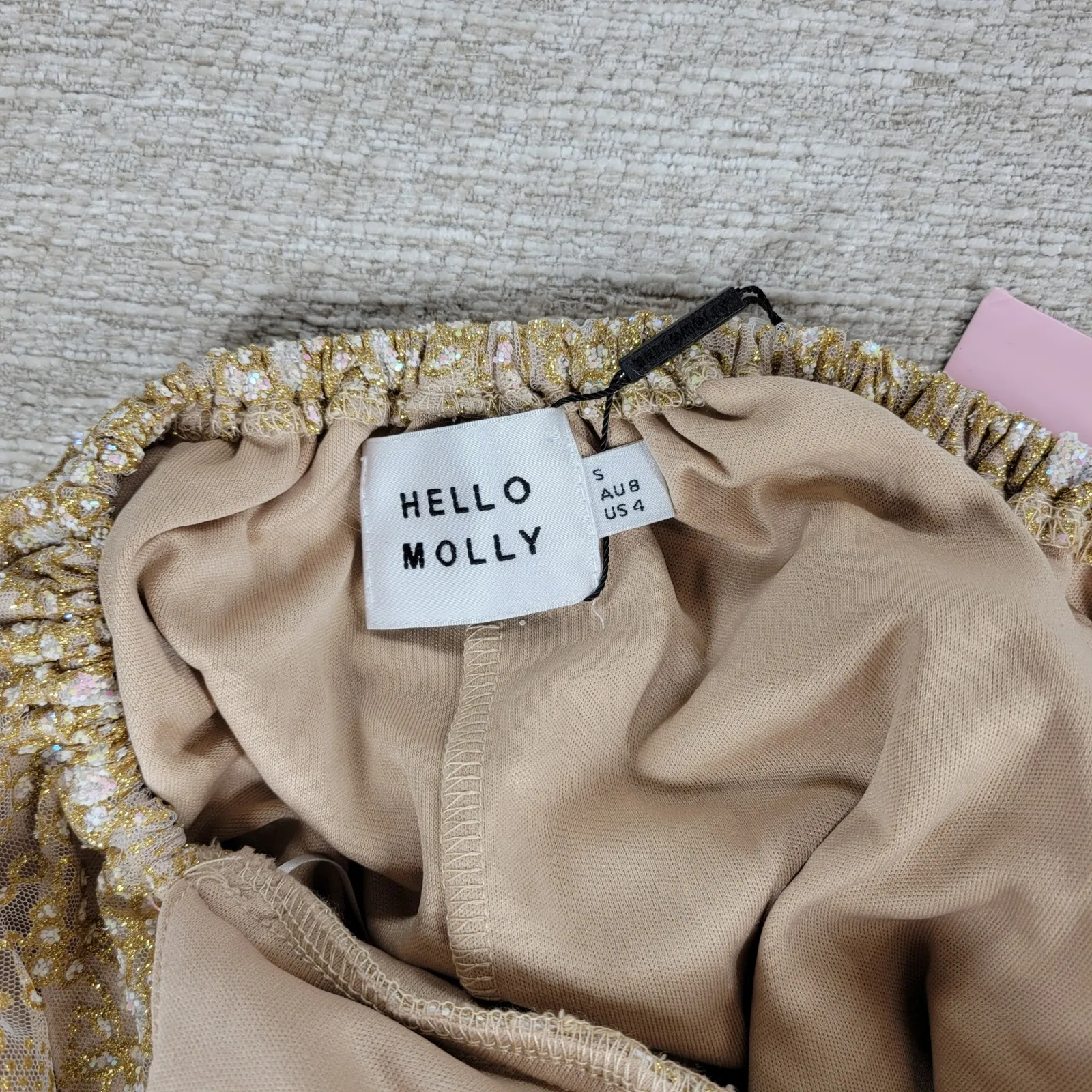 Hello Molly Gold Sequin Halter Prom Dress Small Open Back Formal High Slit NEW - Image 15