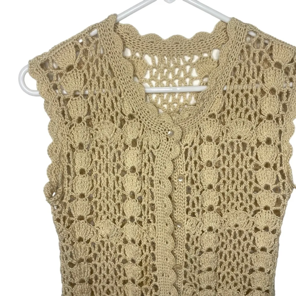 Vintage boho hand knit crochet vest tan N - Image 4