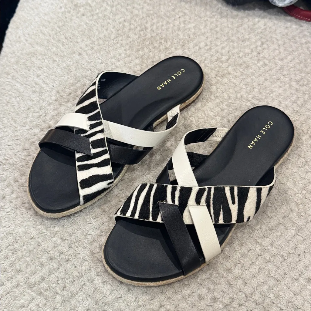 COLE HAAN Florens Woven Slide Sandals Flats Lfur zebra black white 7.5 - Image 3