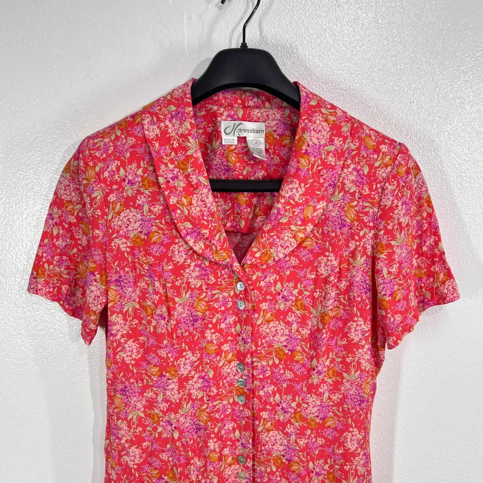 Vtg. Dressbarn Floral Print Button Front Midi Dress Women 10 Pink Short Sleeve - Image 5