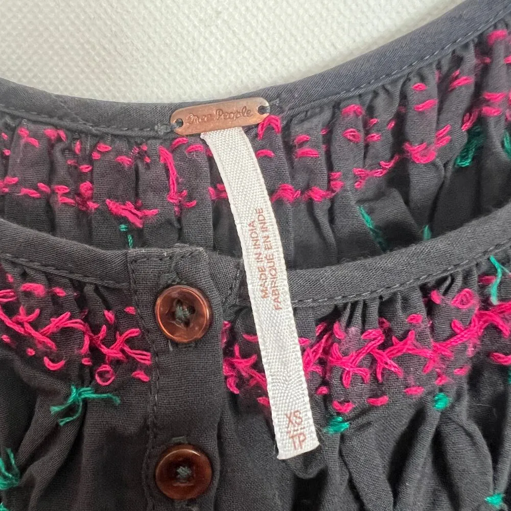 Free People Puff Sleeve Embroidered Oversized Bohemian Chic Flowy Womens Top XS - Image 3