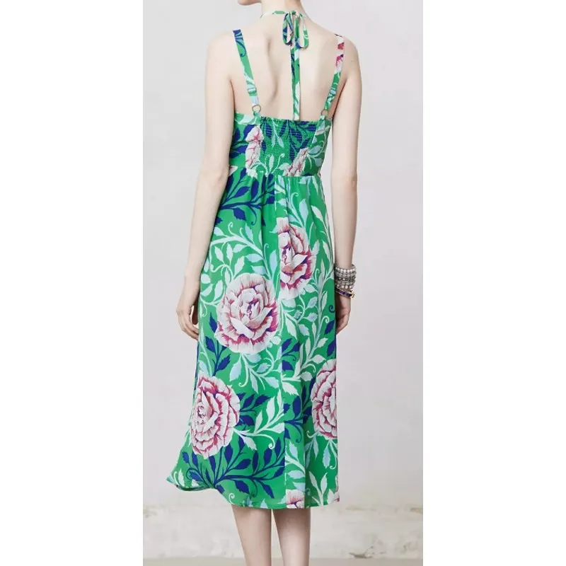 ANTHROPOLOGIE MOULINETTE SOEURS Women's Silk Halter Dress Size 0 Rosamund Floral - Image 2