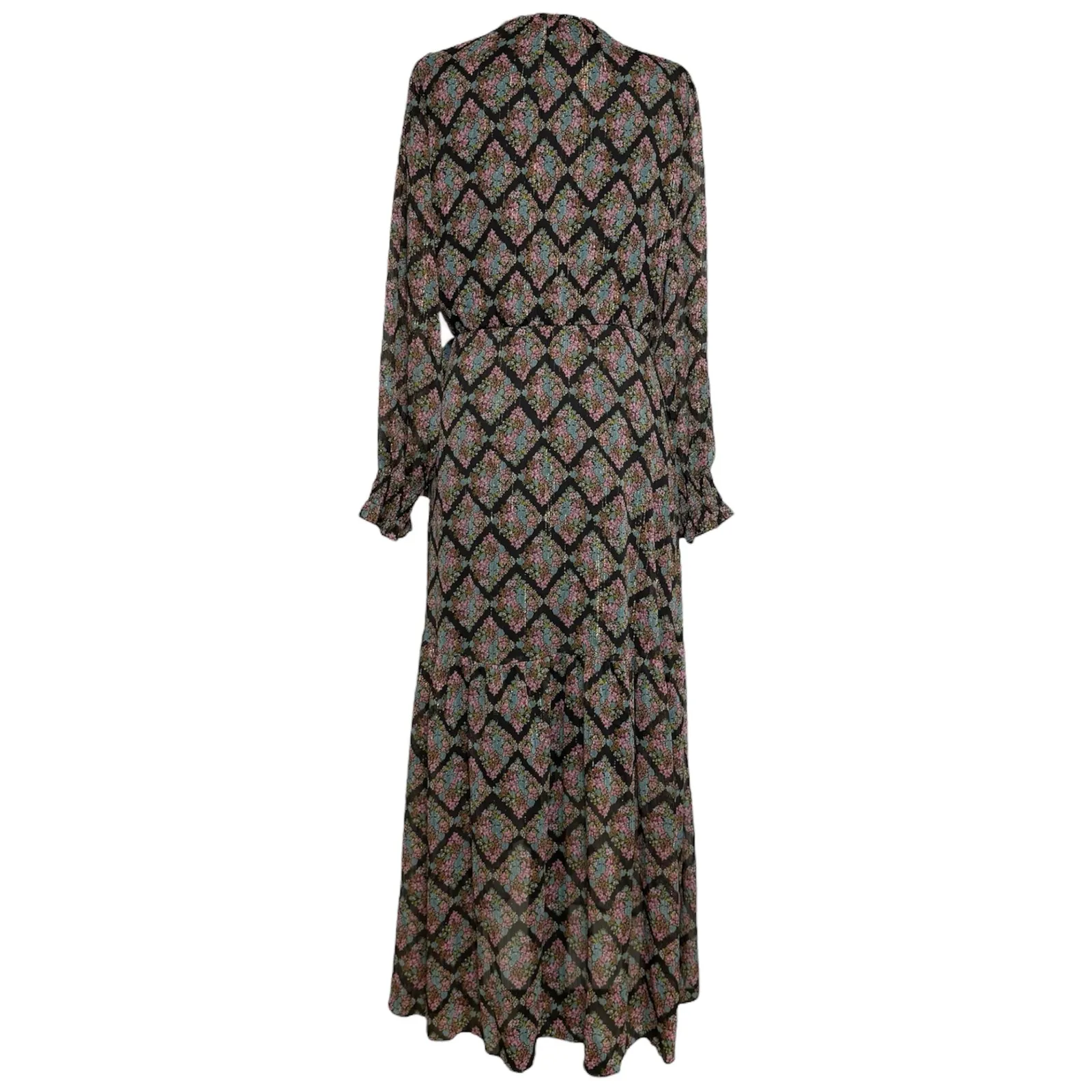 Lauren Conrad Floral Print Maxi Dress Black Sheer Overlay Long Sleeve‎ Wrap Boho - Image 3