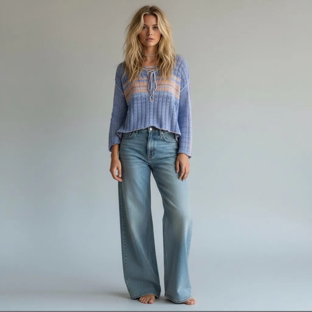 FREE PEOPLE Marina Bay Lace-Up Sweater in Sunset Combo Size Small Bell Sleeve - Image 2